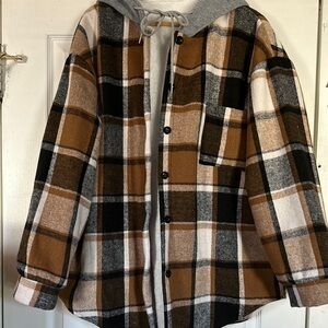 Black and Brown Utility Jacket with Oversized Plaid Design